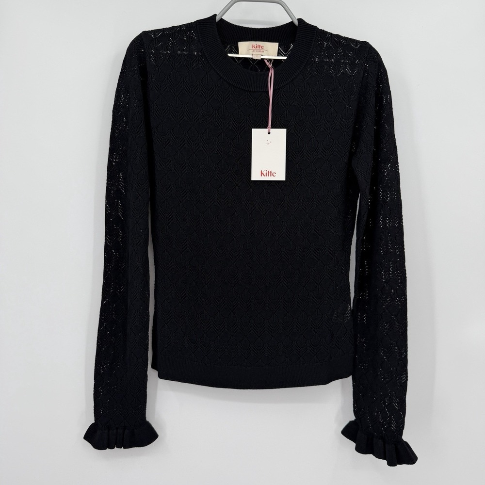 Kilte Collection Raleigh Long Sleeve Pointelle Knit Top Black 2 M Ruffle Cuffs